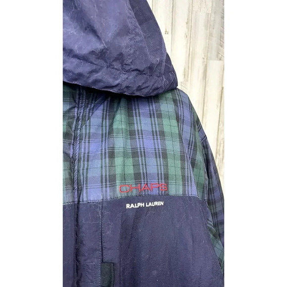 Chaps Ralph Lauren Men's Green Plaid Down Puffer Jacket Large Hooded Winter Coat - Picture 2 of 7